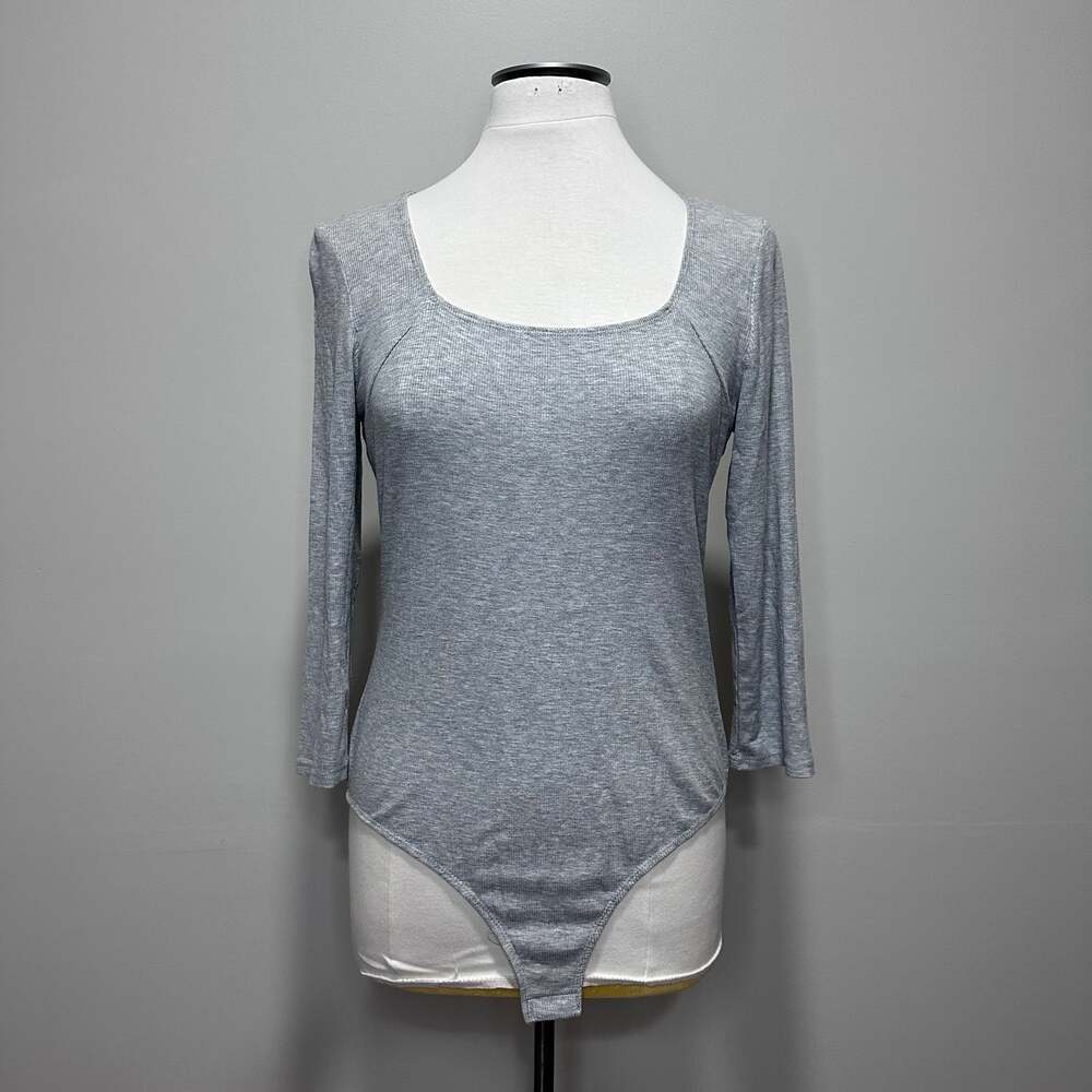 Kaileigh Estelle Square Neck Knit Long Sleeve Bodysuit Gray, Sz L - Picture 4 of 8
